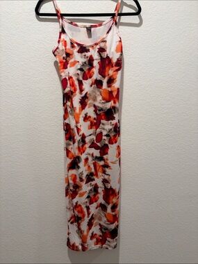 SHEIN White Maxi Dress with Orange & Red Abstract Floral Print